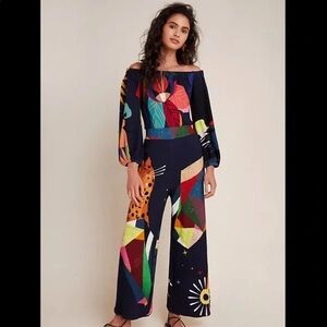 FARM Rio Multicolor Off-Shoulder Wide-Leg Jumpsuit - Navy Base